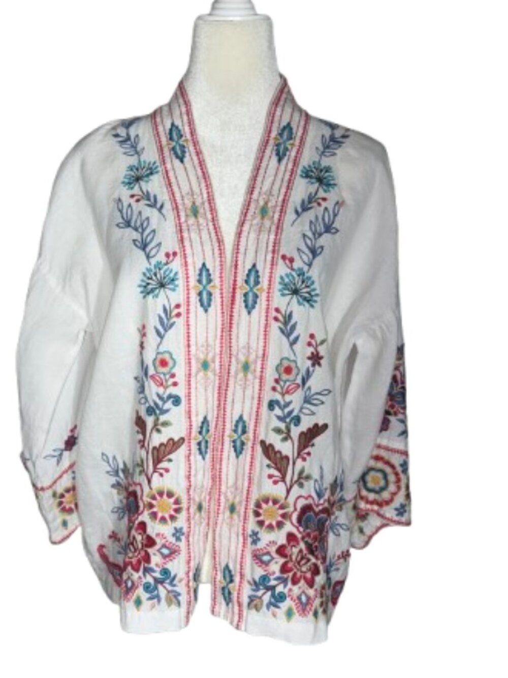 JOHNNY WAS SICILIA EMBROIDERED LINEN OPEN FRONT KIMONO SIZE SMALL
